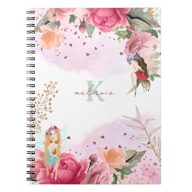 Caderno Espiral Flores Cor-de-Rosa e Professoras Fadas (Frente)
