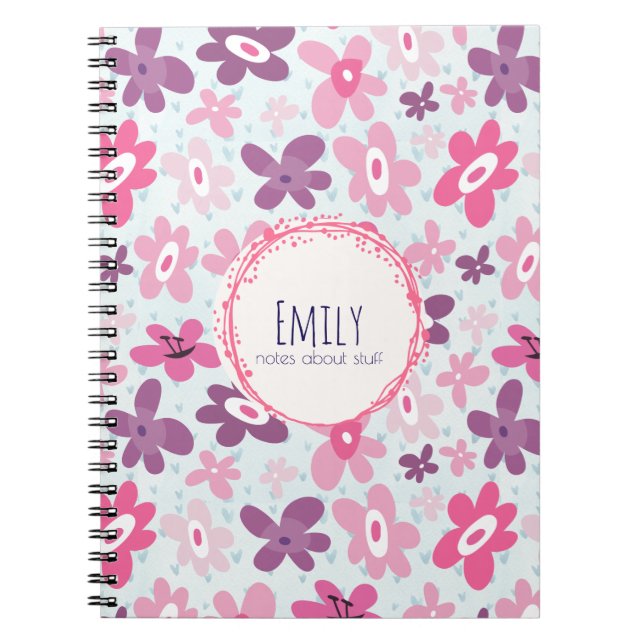 Caderno Espiral Flores Cor-de-rosa Padrão Esbranquiçado Personaliz (Frente)