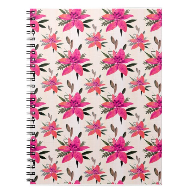 Caderno Espiral Flores Cor-de-Rosa Padrão Floral Design (Frente)