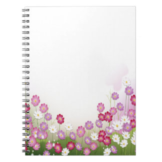 Caderno Espiral Flores cor-de-rosa, roxas e brancas
