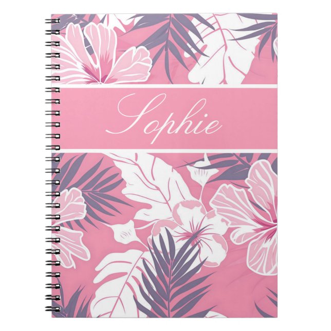 Caderno Espiral Flores cor-de-rosa tropicais hibisco Personalizado (Frente)