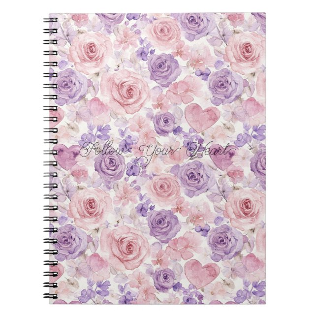 Caderno Espiral Flores Corações Bege Rosa Roxo   (Frente)