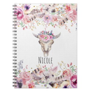 Caderno Espiral Flores & Crânio de Vaca Glam Country Rústico Boho 