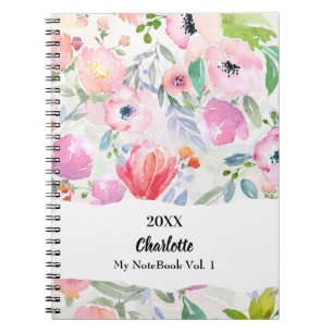 Caderno Espiral Flores de aguarela rosa roxo