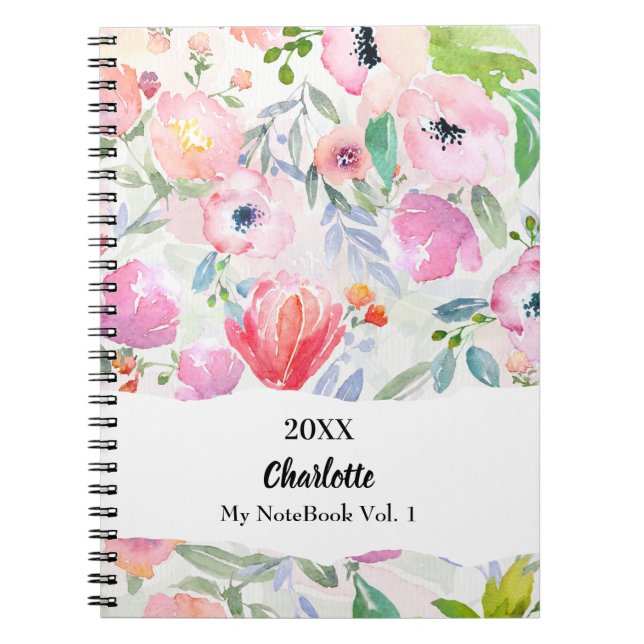 Caderno Espiral Flores de aguarela rosa roxo (Frente)