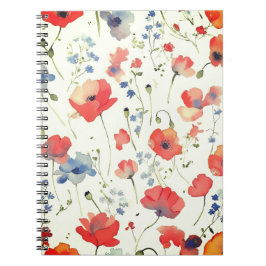 Caderno Espiral Flores de Aquarela Azul e Vermelho