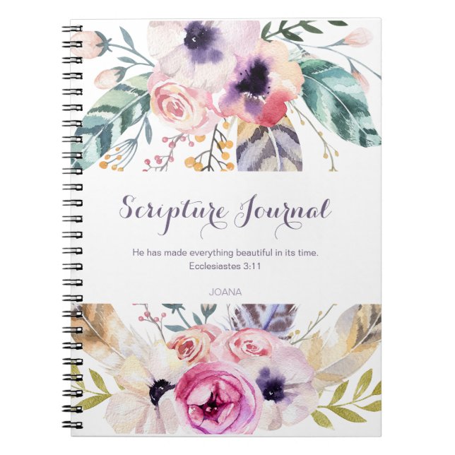 Caderno Espiral Flores de Aquarela de Diário de Script Personaliza (Frente)