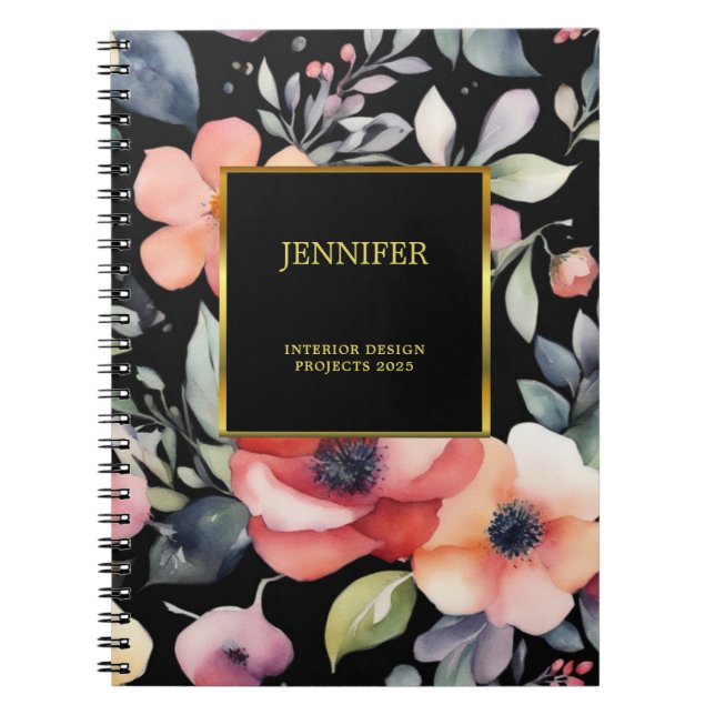 Caderno Espiral Flores de aquarela elegantes preto dourado profiss (Frente)