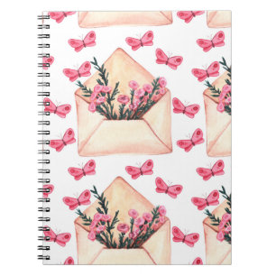 Caderno Espiral Flores de aquarela em envelopes: padrão sem costur
