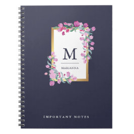 Caderno Espiral Flores de Aquarelas Azuis, Douradas e Rosa