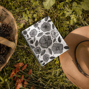 Caderno Espiral Flores de aquarelas e de tinta - preto e branco