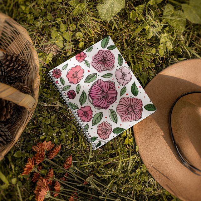 Caderno Espiral Flores de aquarelas e de tinta - rosa e verde (Criador carregado)