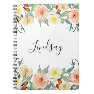 Caderno Espiral Flores De Aquarelas Girly Peach Monograma