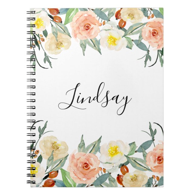 Caderno Espiral Flores De Aquarelas Girly Peach Monograma (Frente)