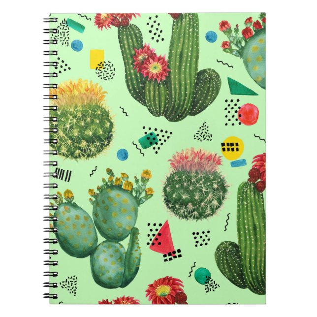 Caderno Espiral Flores De Cactus: Fundo Geométrico De Aquarela. (Frente)