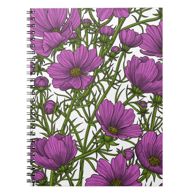 Caderno Espiral Flores de cosmos violetas (Frente)