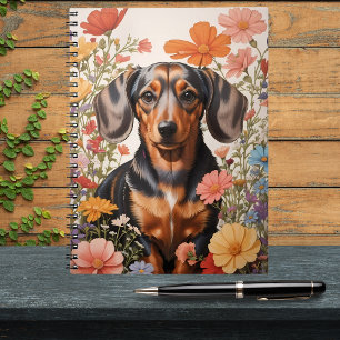 Caderno Espiral Flores De Dachshund Castanho E Cosmos