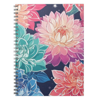 Caderno Espiral Flores de Dahlia Coloridas Elegantes em Fundo Escu