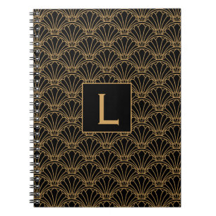 Caderno Espiral Flores de Deco de Arte Dourada e Preta Monograma M