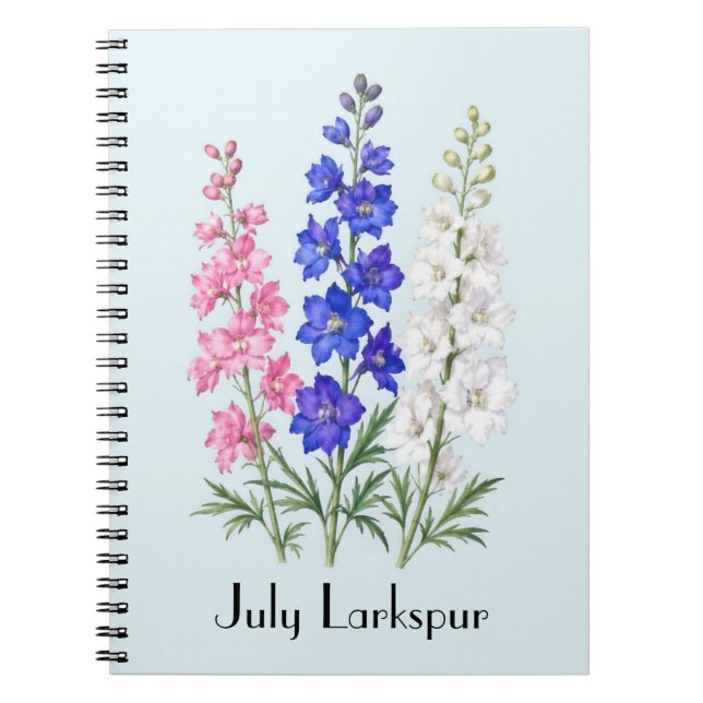 Caderno Espiral Flores de Delphinium de Julho (Frente)