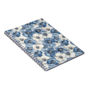 Caderno Espiral Flores de Denim Branco Azul