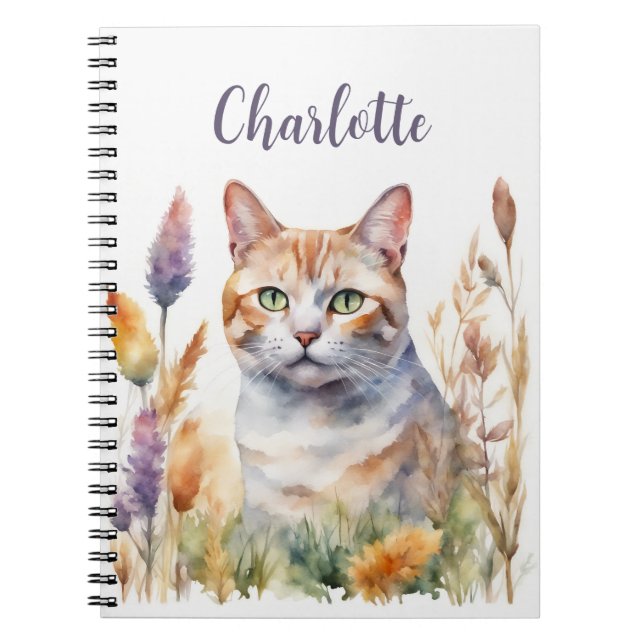 Caderno Espiral Flores de Gato Aquarela Adicionar Nome Lavanda Lar (Frente)