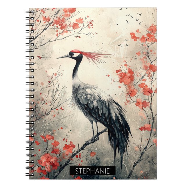 Caderno Espiral Flores de Grou Carmesim Lavagem de Tinta (2) (Frente)