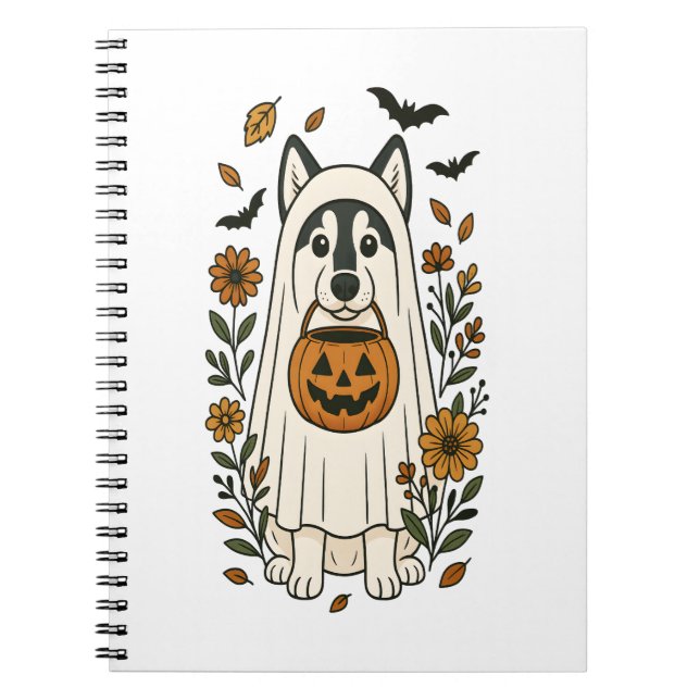 Caderno Espiral Flores de Halloween Siberian Husky (Frente)