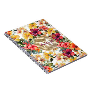 Caderno Espiral Flores de Hibisco Amarelo Tropicais Monograma