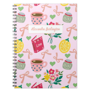 Caderno Espiral Flores de laço rosa desenho manual padrão de limão
