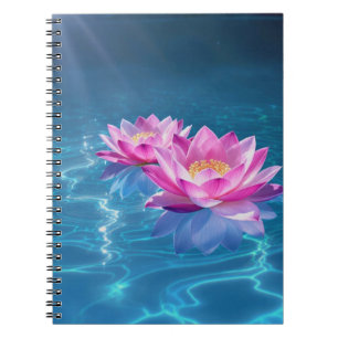Caderno Espiral Flores de Lotus Rosa Flutuando em Água Azul Crista