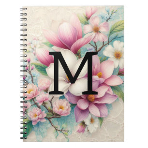 Caderno Espiral Flores de magnólias roxas, cor-de-rosa, com rendas