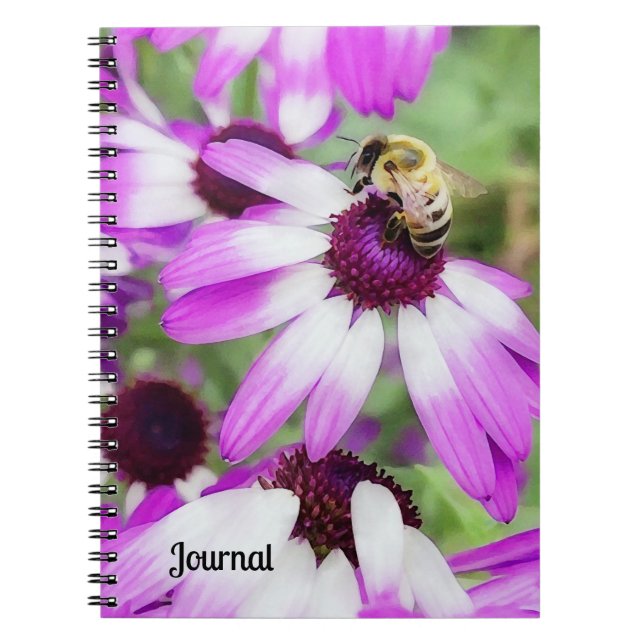 Caderno Espiral Flores de margarida roxas e Diários de abelhas (Frente)