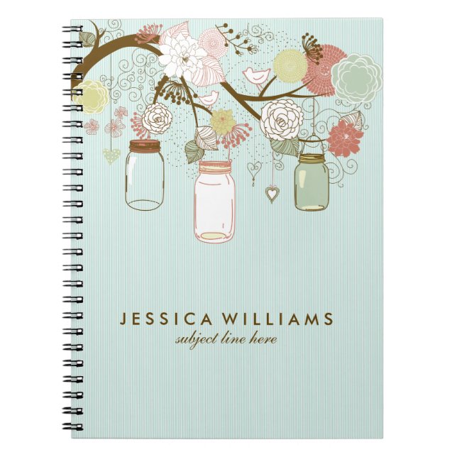 Caderno Espiral Flores De Mint E Retro E Jars Mason (Frente)