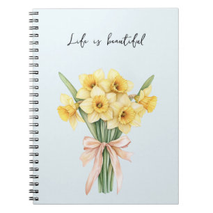 Caderno Espiral Flores de Narciso Amarelo com Laço de Pêssego