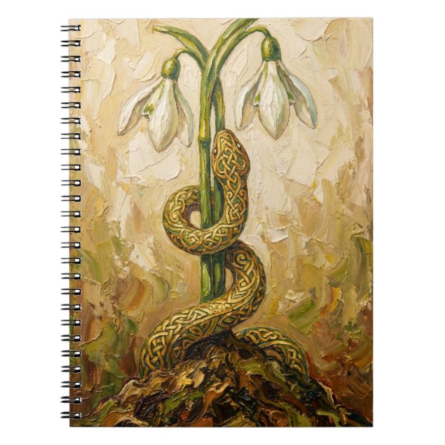 Caderno Espiral Flores de Neve da Serpente Celta Imbolc Renascimen (Frente)