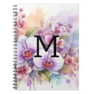 Caderno Espiral Flores de orquídeas cor-de-água, monograma, cor-de