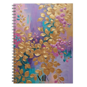 Caderno Espiral Flores De ouro Pintadas Na Turquesa Lilática Rosa