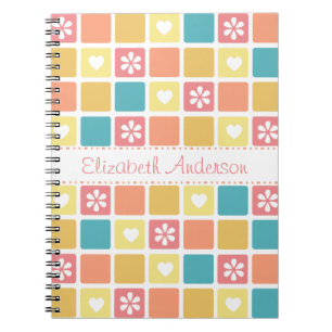Caderno Espiral Flores de Padrões de Coração Girly Retro Daisy