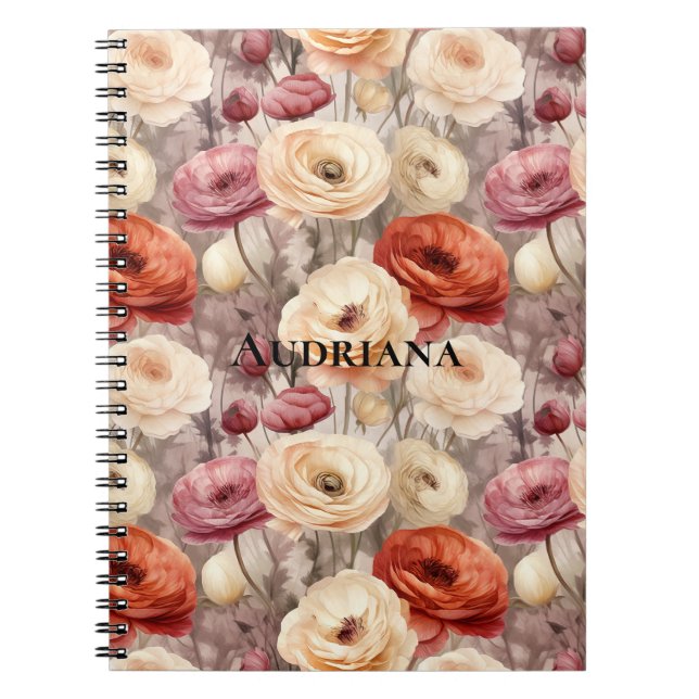 Caderno Espiral Flores de Primavera Creme Borgonha  (Frente)