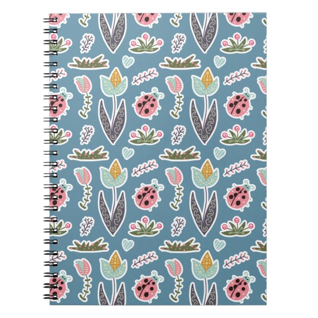 Caderno Espiral Flores de primavera e padrão Ladybug (Frente)