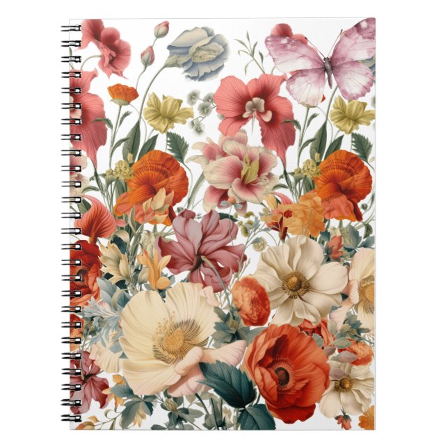 Caderno Espiral Flores de primavera em Sangue com Borboletas (Frente)