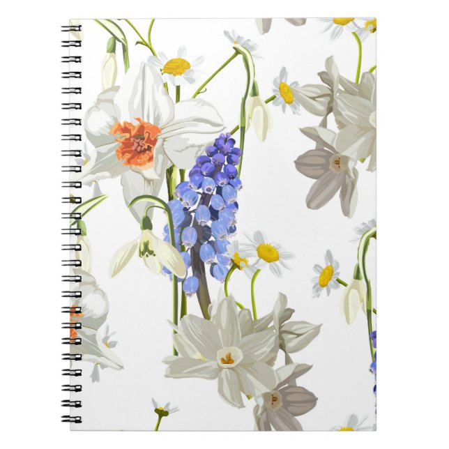 Caderno Espiral Flores de primavera. Narciso, muscari, margarida.  (Frente)