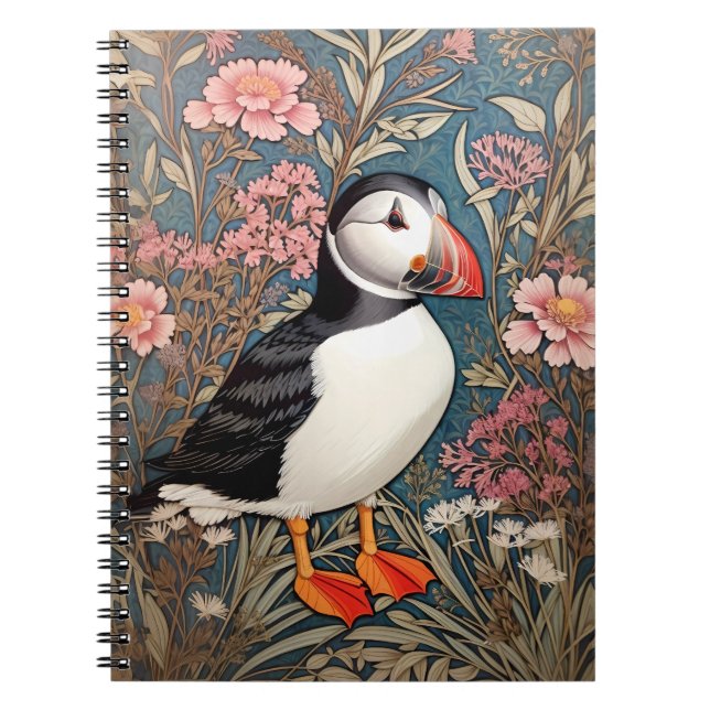 Caderno Espiral Flores De Puffin E De Thrift Marítimo William Morr (Frente)
