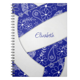 Caderno Espiral flores de rabisco, voleibol branco azul