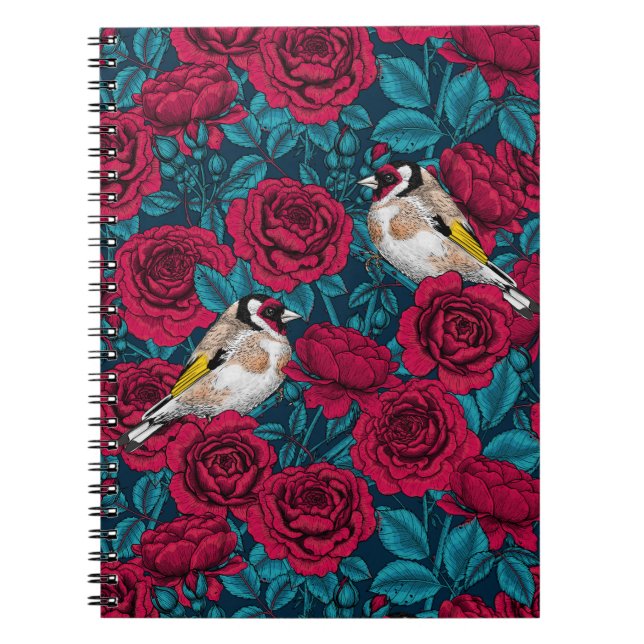 Caderno Espiral Flores de rosa vermelha e aves-pintadas (Frente)