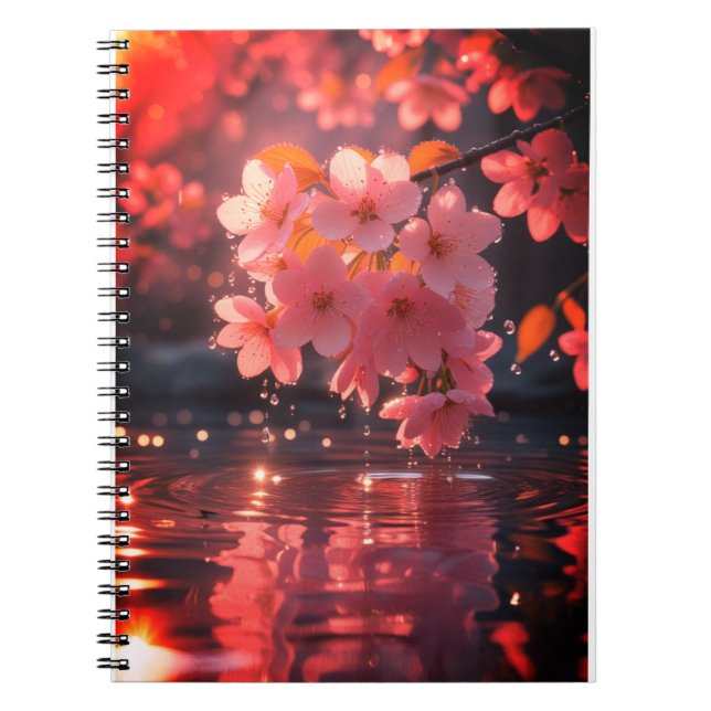 Caderno Espiral Flores De Sakura Rosa Sobre Água | Serene Primaver (Frente)