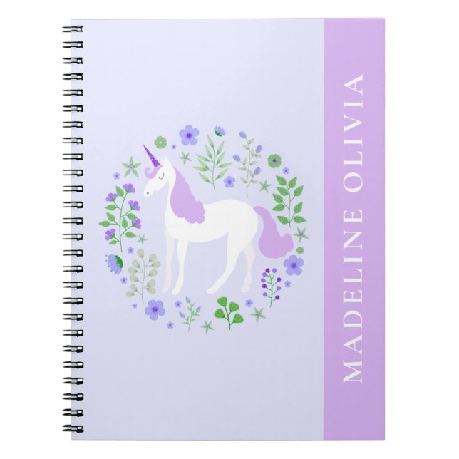 Caderno Espiral Flores de Unicórnio Fofo Nome Personalizado Roxo (Frente)