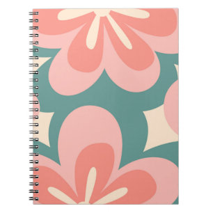 Caderno Espiral Flores do tipo retrô cor-de-rosa e turquesa