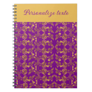 Caderno Espiral Flores Douradas Chic padrão roxo   personalizado